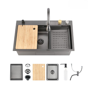 English Elm Waterfall Pull-out Faucet Workstation Sink Matte Black 304 Stainless Steel Prep Basin T3177P286040