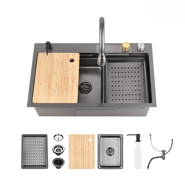 English Elm Waterfall Pull-out Faucet Workstation Sink Matte Black 304 Stainless Steel Prep Basin T3177P286040