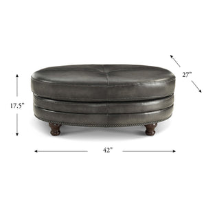 English Elm Belfast Top Grain Leather Oval Ottoman with Button-Tufted Sides, Nail-Head Trim, Curved Elegant Design B2705P211698