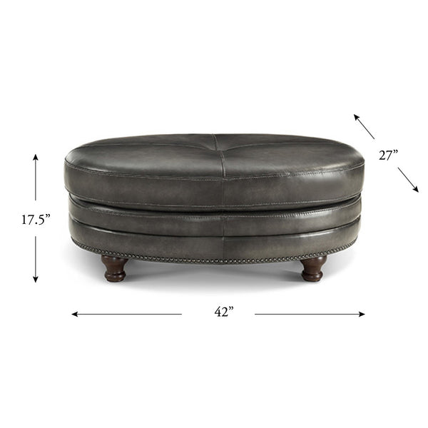 English Elm Belfast Top Grain Leather Oval Ottoman with Button-Tufted Sides, Nail-Head Trim, Curved Elegant Design B2705P211698