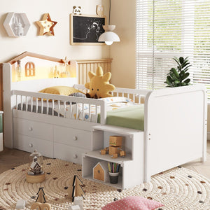 English Elm Low Twin Loft Bed with House-Style Headboard and Built-In LED Lights for Modern Kids' Rooms White 42.91 L x 28.35 W x 6.69 H W2593S00006
