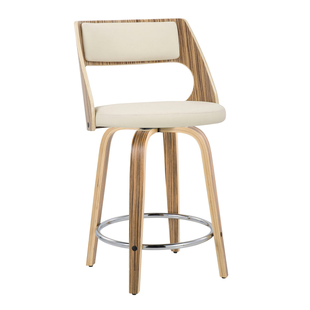 English Elm Cecina Mid-Century 24" Counter Stools Set of 2 — Cream Faux Leather Swivel, Zebra Wood Frame, Chrome Footrest B202S00020