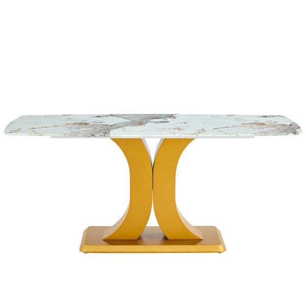 English Elm A modern minimalist dining table with imitation marble glass top, gold MDF legs, easy assembly, durable elegance W1151S01193
