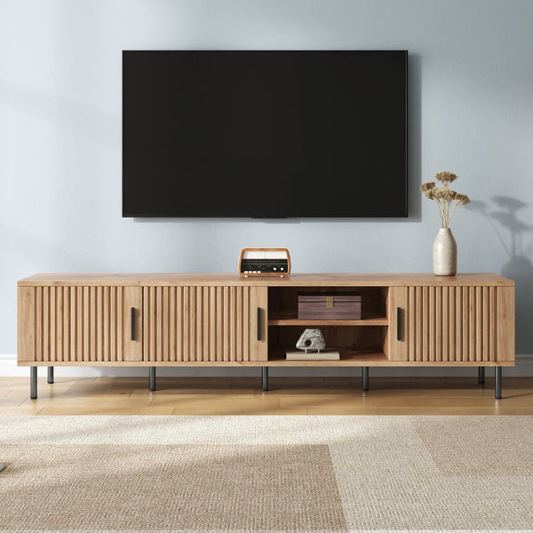 English Elm 78 Inch Low Profile Media Console with Pine Legs Soft Close Doors for Living Room N710P429513P