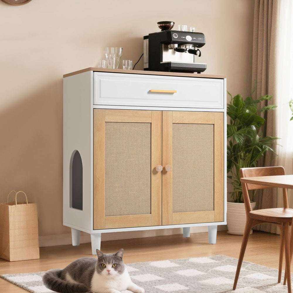 English Elm 3 IN 1 Cat Furniture Litter Enclosure with Sisal Scratcher Door, Charging Socket, Storage Drawer, Modern N843P252406N