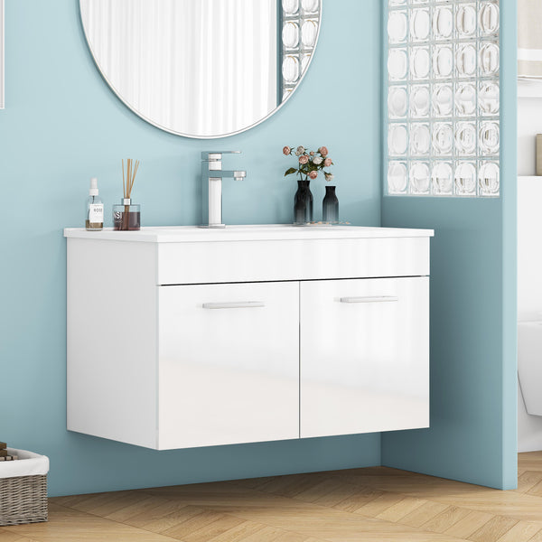 English Elm 32-Inch Wall-Mounted Bathroom Vanity With Ceramic Sink, Soft-Close Doors & Modern Glossy Finish W3151S00026