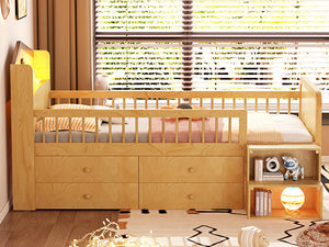 English Elm Low Twin Loft Bed with House-Style Headboard and Built-In LED Lights for Modern Kids' Rooms Natural 42.91 L x 28.35 W x 6.69 H W2593S00007