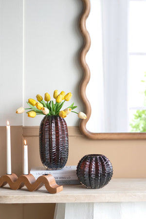 English Elm D6.7x6" Textured Round Glass Vase Amber Finish — Modern Art-Inspired Accent, Decorative Centerpiece, 8"H W2078P357248