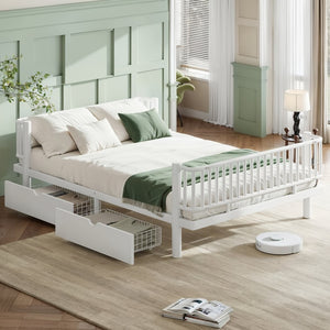 English Elm Queen Storage Platform Bed Low Profile Metal Frame with Built-in Drawers for Small Spaces Light White W5305P471354