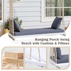 English Elm TOPMAX Acacia Wood Patio Swing Chair with Cushion & Pillows, 63" Comfortable Seat, 400lb Capacity White N717P210136K