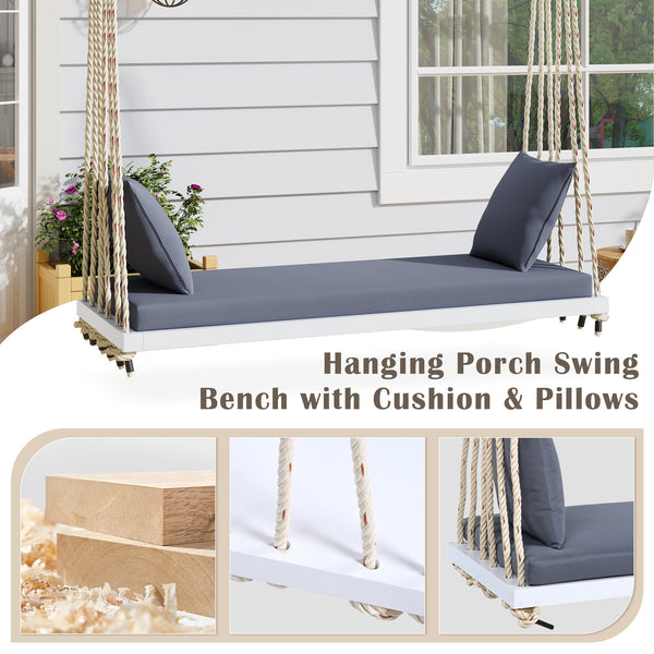 English Elm TOPMAX Acacia Wood Patio Swing Chair with Cushion & Pillows, 63" Comfortable Seat, 400lb Capacity White N717P210136K