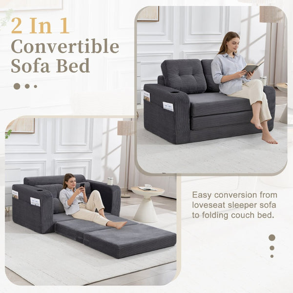 English Elm Convertible Floor Sofa Bed with Memory Foam and Ribbed Corduroy for Small Spaces Gray W395P438027