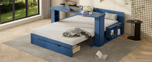 English Elm Full Size Daybed with Hydraulic Desk Armrests Storage Drawer and Sofa Seating Blue LT000271AAC