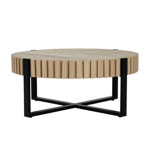 English Elm Round Gear Motif Drum Coffee Table Walnut Mdf Top Iron Base Compact Living Room Accent N770P372354N