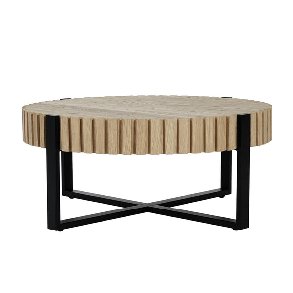 English Elm Round Gear Motif Drum Coffee Table Walnut Mdf Top Iron Base Compact Living Room Accent N770P372354N