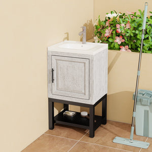 English Elm 20" Compact Bathroom Vanity with Ceramic Sink, Textured Aluminum Faucet, Storage Cabinet & Shelf White W688P224408