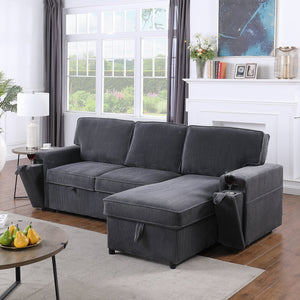 English Elm U_STYLE Chenille Upholstery Sleeper Sectional Sofa with Pull-Out Bed, Chaise Storage & Comfort Gray W1099S00168