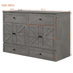 English Elm Queen Murphy Wall Bed with Usb Ports Storage Drawers and Cabinet Style Panel Front Gray N708S00006AAE