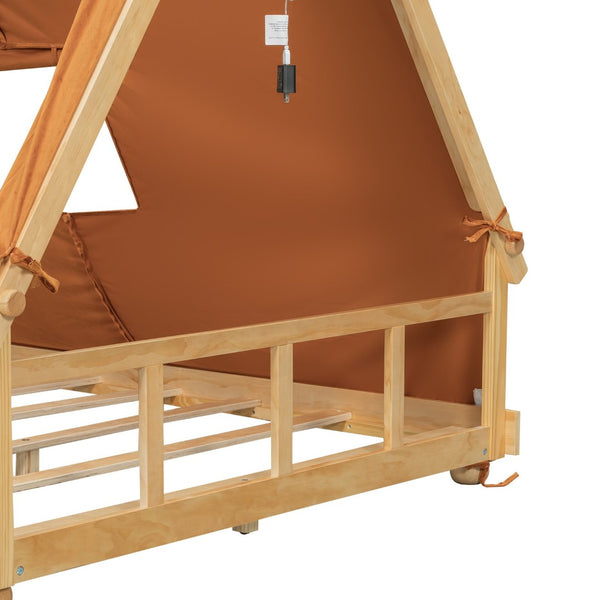 English Elm Twin Cabin Bed with Detachable Tent Skylight and Woodland Deer Antler Accents Brown N708P356717D