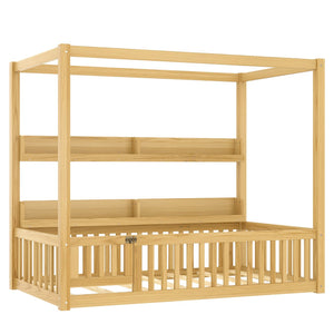 English Elm Twin House Floor Bed with Door and Full-Length Guardrails, Solid Wood Double Twin Floor Bed for Kids' Playful Rooms Natural W1580P359329
