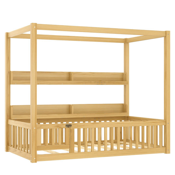 English Elm Twin House Floor Bed with Door and Full-Length Guardrails, Solid Wood Double Twin Floor Bed for Kids' Playful Rooms Natural W1580P359329
