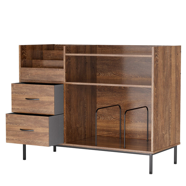 English Elm Record Player Stand with Flip-Down Lid, Built-In Power & USB, Dust-Protecting Turntable Console for 300+ Vinyls Brown W2735P332344