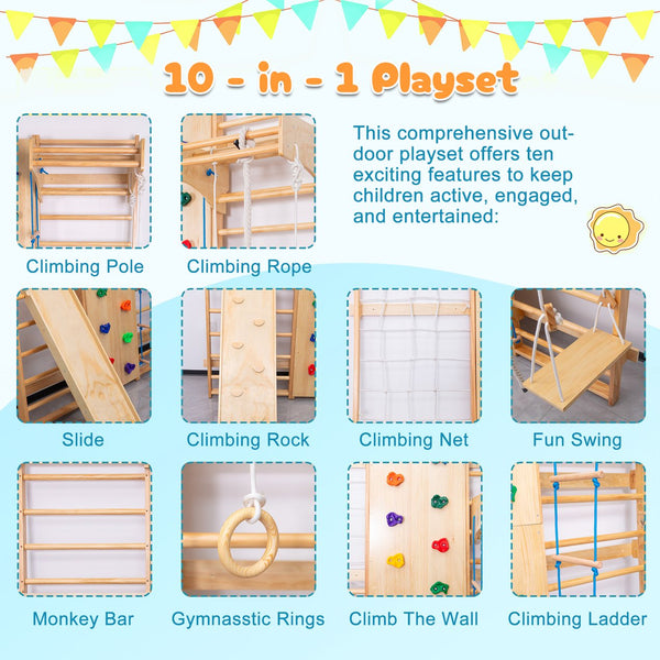 English Elm All-in-One Indoor Climbing Set with Rock Wall, Wooden Swings, Rings & Rope Ladders — Solid Wood, 220lb Capacity W1422P339563