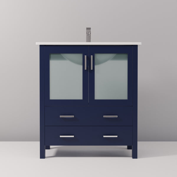 English Elm Navy Blue Bath Vanity 30” W, Contemporary White Ceramic Top & Chrome Faucet Set For Stylish Storage B2731P260511