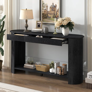 English Elm U_style Oak Veneer Console Table with 3 Drawers Open Shelf Entryway Hallway Storage Black N711P395523B