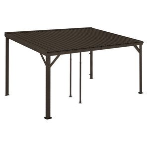 English Elm 10x14ft Lean to Hardtop Gazebo Wall Mounted Steel Roof Shelter for Deck Porch Brown W1859S00196