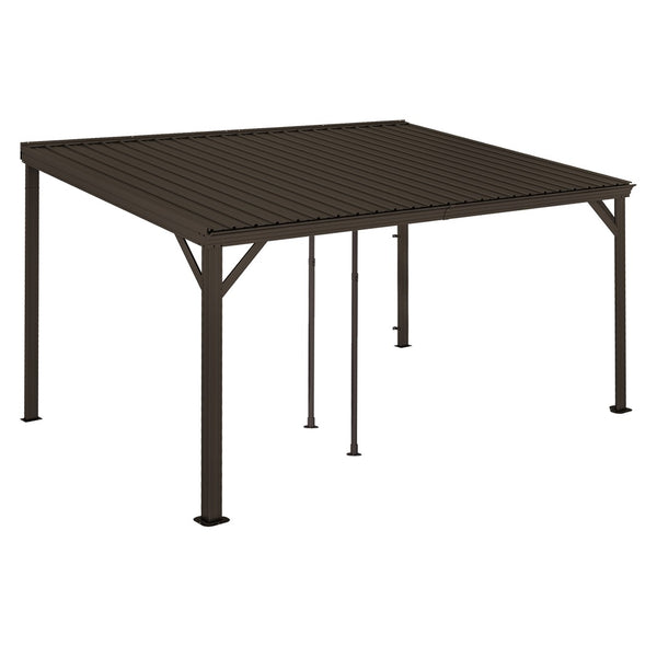 English Elm 10x14ft Lean to Hardtop Gazebo Wall Mounted Steel Roof Shelter for Deck Porch Brown W1859S00196
