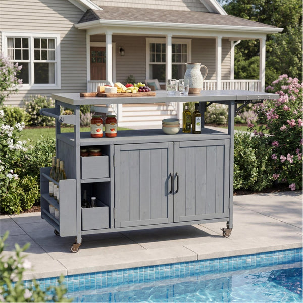 English Elm 54.33" Farmhouse Outdoor Kitchen Cart Solid Fir Frame Steel Top Storage Bbq Prep N767P379702C