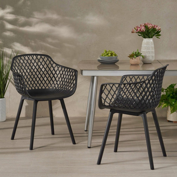 English Elm Poppy Outdoor Dining Chairs Set of 2 Diamond Mesh Geometric Modern Patio Seating Black N776P414399B