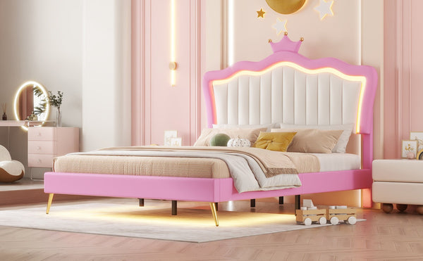 English Elm Full Size Upholstered Princess Bed Frame With Led Lights, Crown Headboard In Pink & White Design W2770P190360