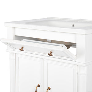 English Elm 27.8" Mid-century Freestanding Bathroom Vanity with Ceramic Sink Drawer and Wood Base White W1801S00006