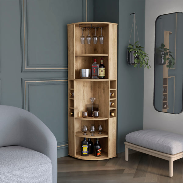 English Elm Oban Corner Bar Cabinet with Five Shelves, Eight Bottle Cubbies and Space-Saving Tall Storage Design Beige 45 L x 23 W x 4 H B070S00252