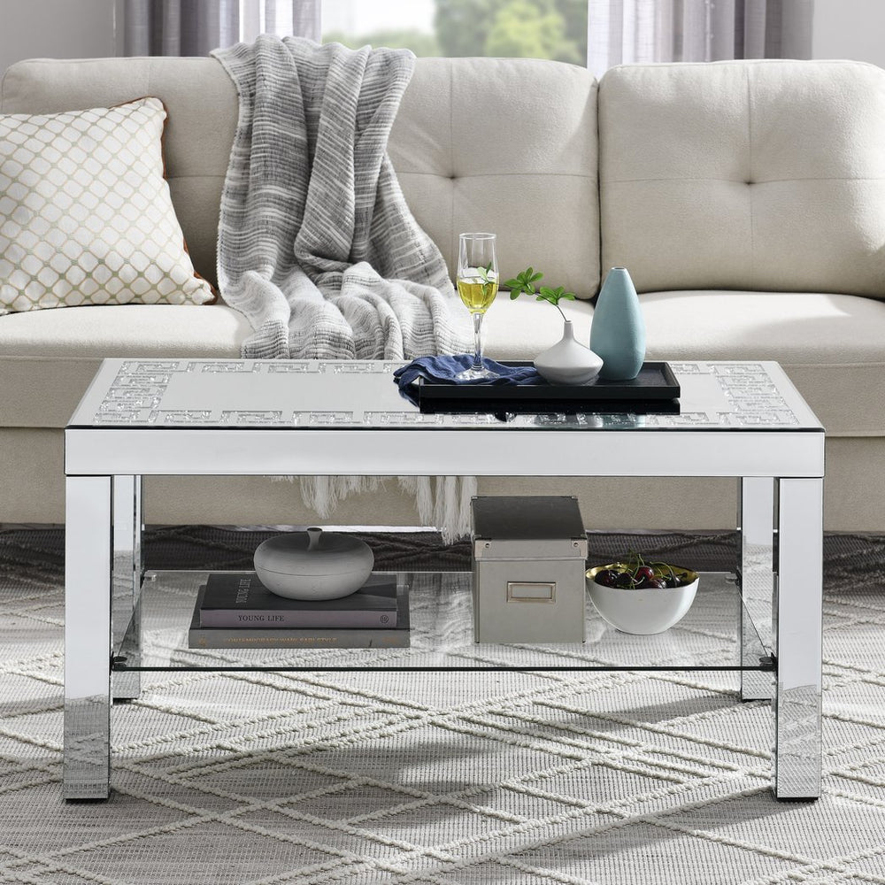 English Elm W 40" X D 20" X H 20" Curved Border Carved Mirror Coffee Table with Crushed Diamonds & Crystal Legs_WIDGET W1005P190425