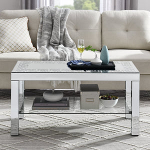 English Elm W 40" X D 20" X H 20" Curved Border Carved Mirror Coffee Table with Crushed Diamonds & Crystal Legs_WIDGET W1005P190425