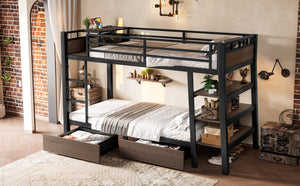 English Elm Full Size Metal Loft Bed with Stair Storage Shelves Bookshelf for Dorms Bedroom W1580S00346