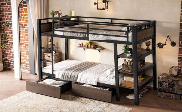 English Elm Full Size Metal Loft Bed with Stair Storage Shelves Bookshelf for Dorms Bedroom W1580S00346