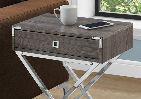English Elm Accent Rectangular Side Table with Drawer and Chrome X-Leg Base, Modern Retro Nightstand for Living Room Bedroom taupe 25 L x 21 W x 5 H B2710P219333