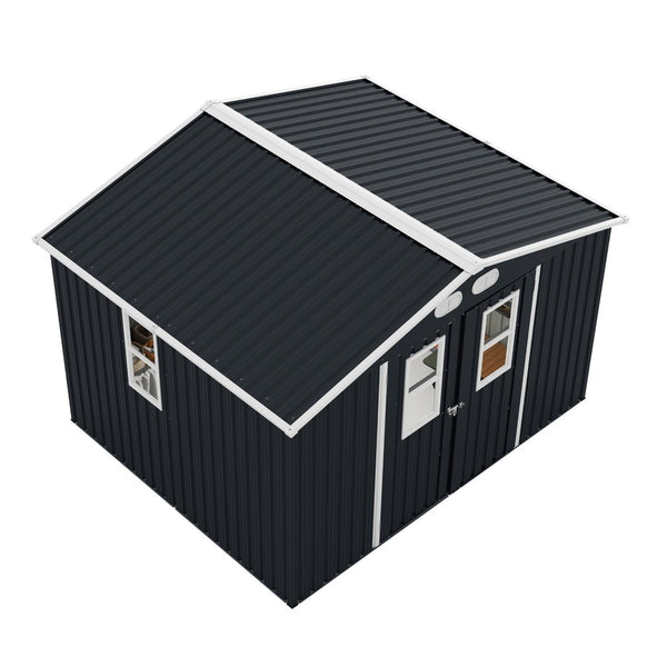 English Elm Outdoor Metal Storage Shed 8x10 with Four Windows Lockable Doors Waterproof Steel W1598S00038