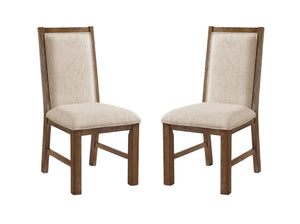 English Elm Transitional Rustic Oak Dining Side Chairs Set of 2 with Padded Beige Linen Seats, Solid Wood Comfort and Style Beige Multi 41 L x 15 W x 20 H B011P197294