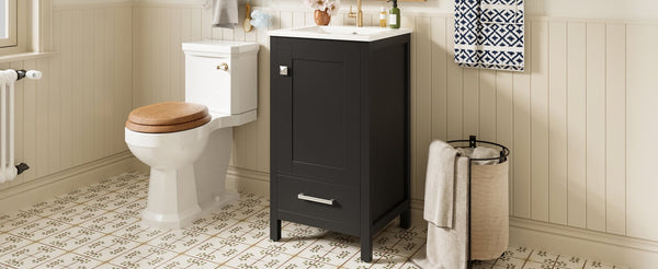 English Elm 18-Inch Modern Bathroom Vanity with Ceramic Sink, Soft-Close Doors, Divider Drawer & Adjusting Feet Black N729P334854B