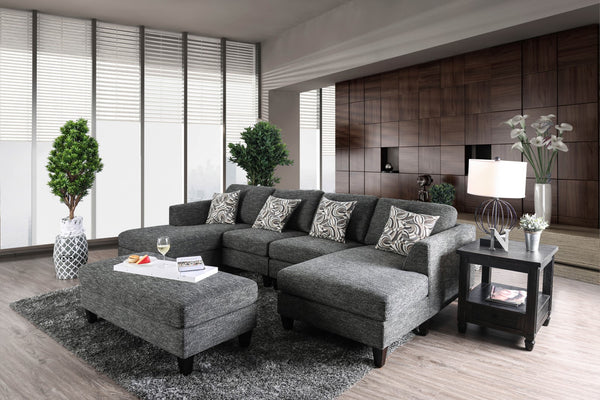 English Elm Gray Chenille 5pc Sectional Sofa Set with Chaise Ottoman & Patterned Pillows, Plush High-Density Comfort, Tapered Legs B2741S00063