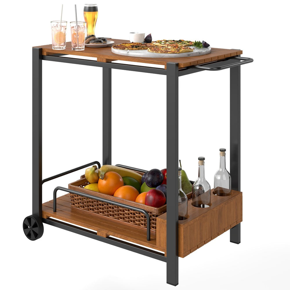 English Elm 2-tier Acacia Wood Bar Cart with Steel Frame Bottle Holders for Patio Entertaining T3971P404050
