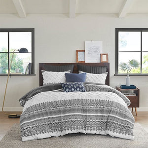 English Elm Full/Queen Mila 3-Piece Cotton Duvet Cover Set with Gray Botanical Print & Chevron Chenille Tufting, Reversible Comfortable Design B03596501