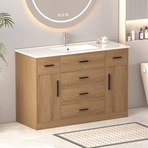 English Elm 48"dark Brown Vanity with 6 Drawers and Soft Close Doors for a Spa Bathroom Light Oak W3133S00026