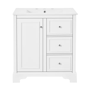 English Elm 30-inch bathroom vanity mirror cabinet set with ceramic sink, solid wood build, 3 drawers & shelves White SV000028AAK