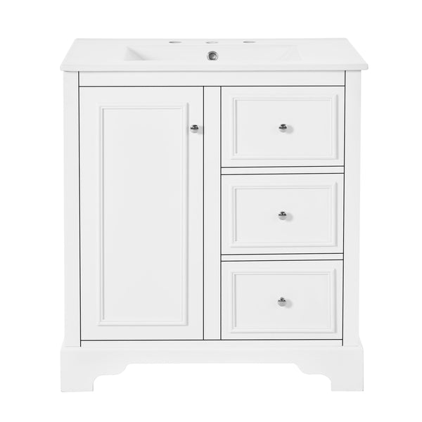 English Elm 30-inch bathroom vanity mirror cabinet set with ceramic sink, solid wood build, 3 drawers & shelves White SV000028AAK